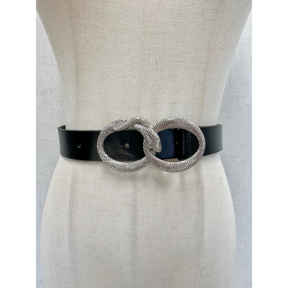 Double Snake Silver Textured Infinity Buckle Black Faux Leather Belt Size M